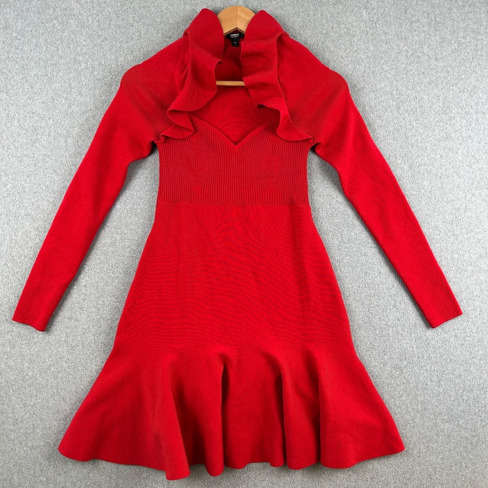 Express Dress Womens XS Red Body Contour Ruffle Neck Long Sleeve Fit & Flare